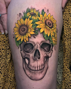 skull tattoo, sunflower tattoo, sunflower skull, floral skull, flower skull