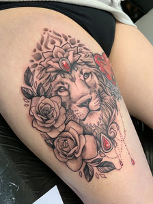 lion tattoo, florals, flowers, floral lion, ornamental lion
