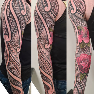 polynesian tattoo, polynesian sleeve, rose tattoo, hibiscus, full sleeve tattoo