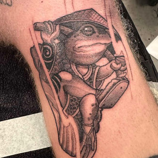 toad, tattoo, samurai toad, black and grey tattoo