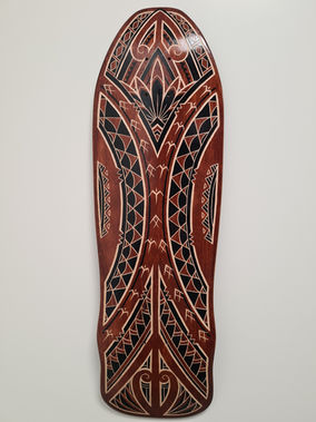 carved deck, carved board, maori deck, cook island skateboard, carved skateboard, handcarved board, stylised deck, custom deck
