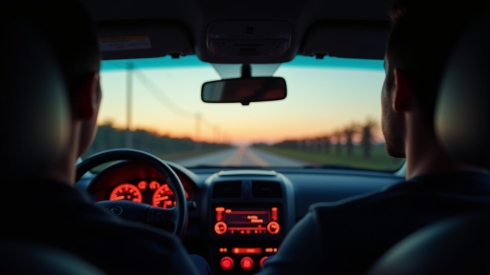 Eye-level view of car interior showing tinted windows at dusk