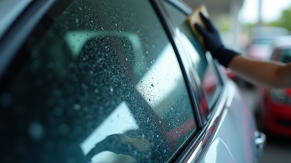 Close-up view of a car window being cleaned before tint installation