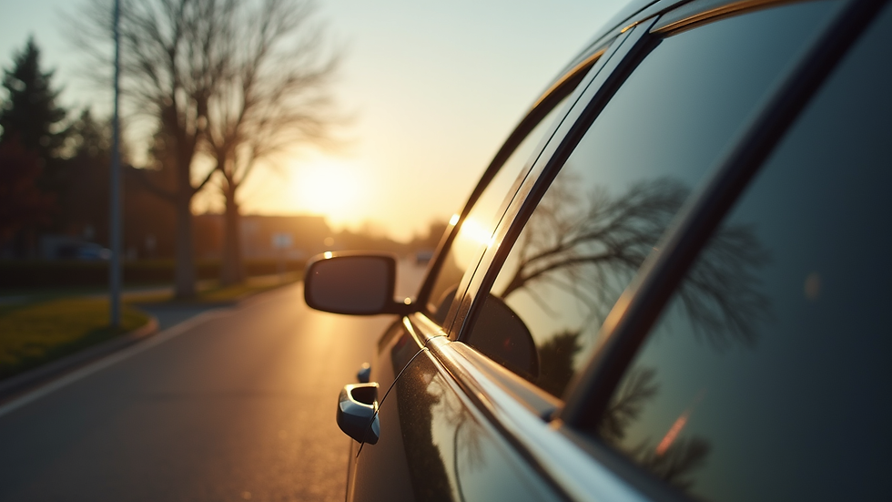Eye-level view of a car parked with tinted windows reflecting sunlight