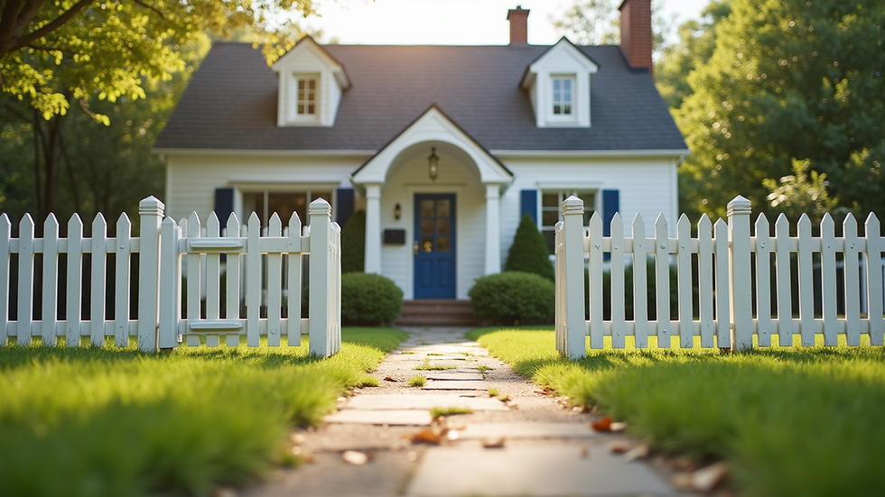 Eye-level view of a cozy family home with a white picket fence