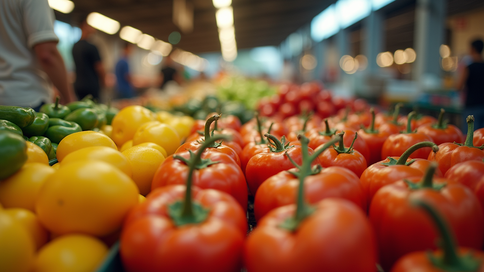 Eye-level view of a vibrant fruit and vegetable market