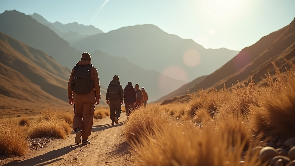 Wide angle view of a private guide leading a group through the Atlas Mountains