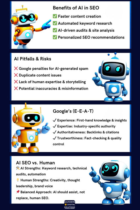 Infographic outlining the benefits of AI in SEO, featuring blue AI robots and key advantages.
