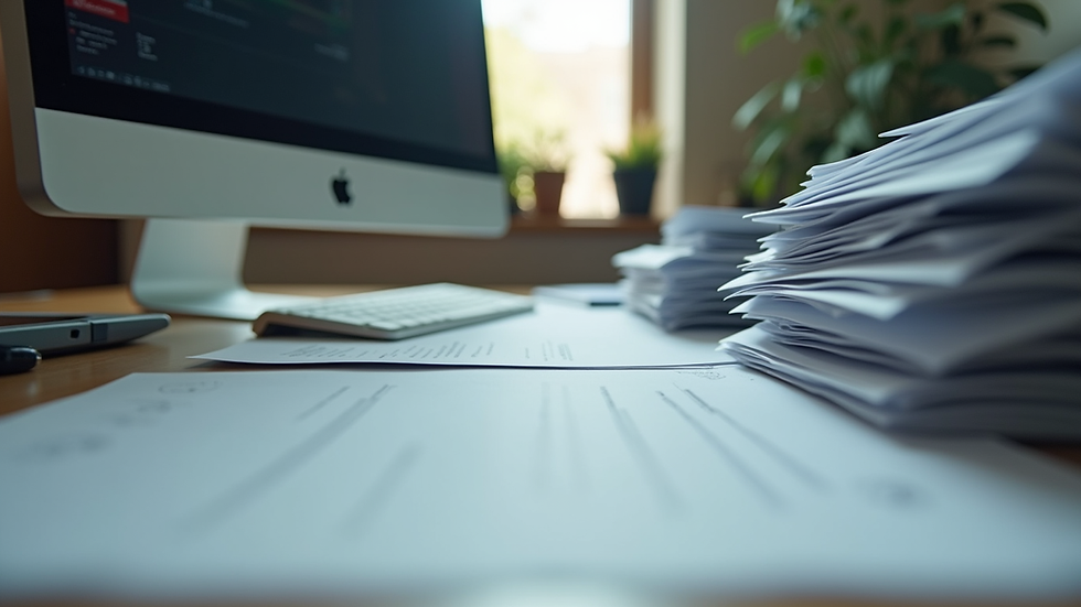Eye-level view of an office desk with a computer and organized paperwork