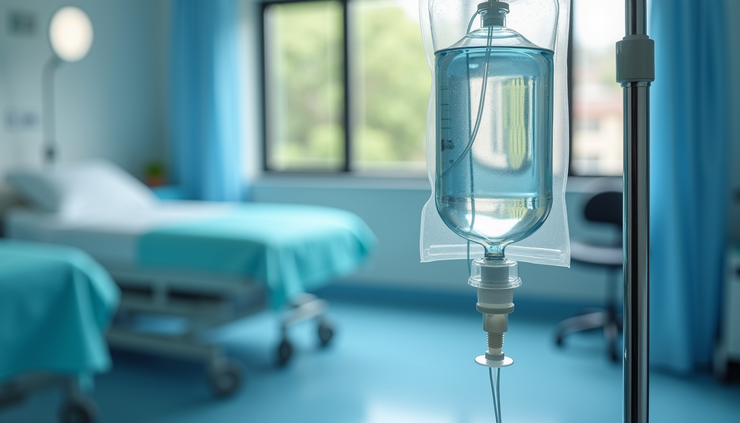 Close-up view of an IV drip bag with clear fluid, set up for hydration therapy