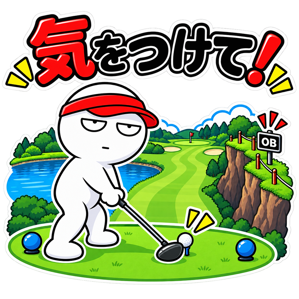 「気をつけて!」の文字の下、赤い帽子の無表情なゴルファーがティーショット。湖と崖、OB表示のあるゴルフ場のイラスト】ゴルまる。