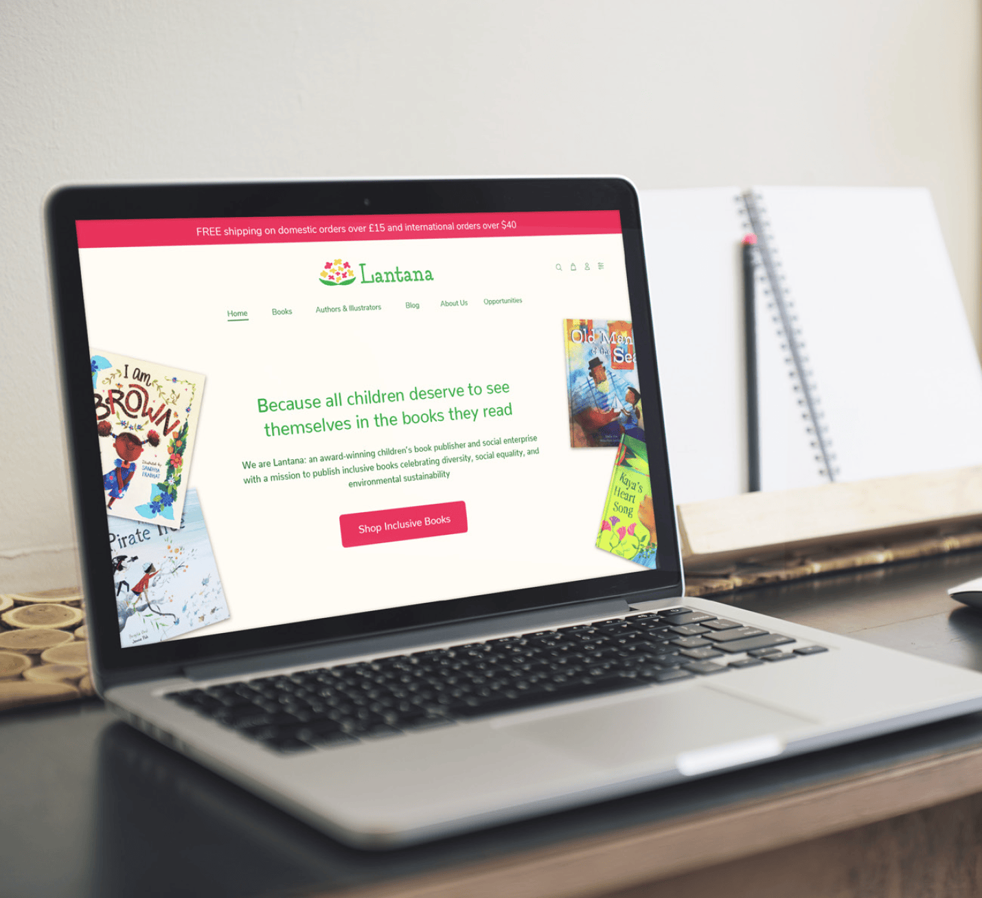 New Lantana logo and visual identity mocked up on a web page displayed on a Macbook. 