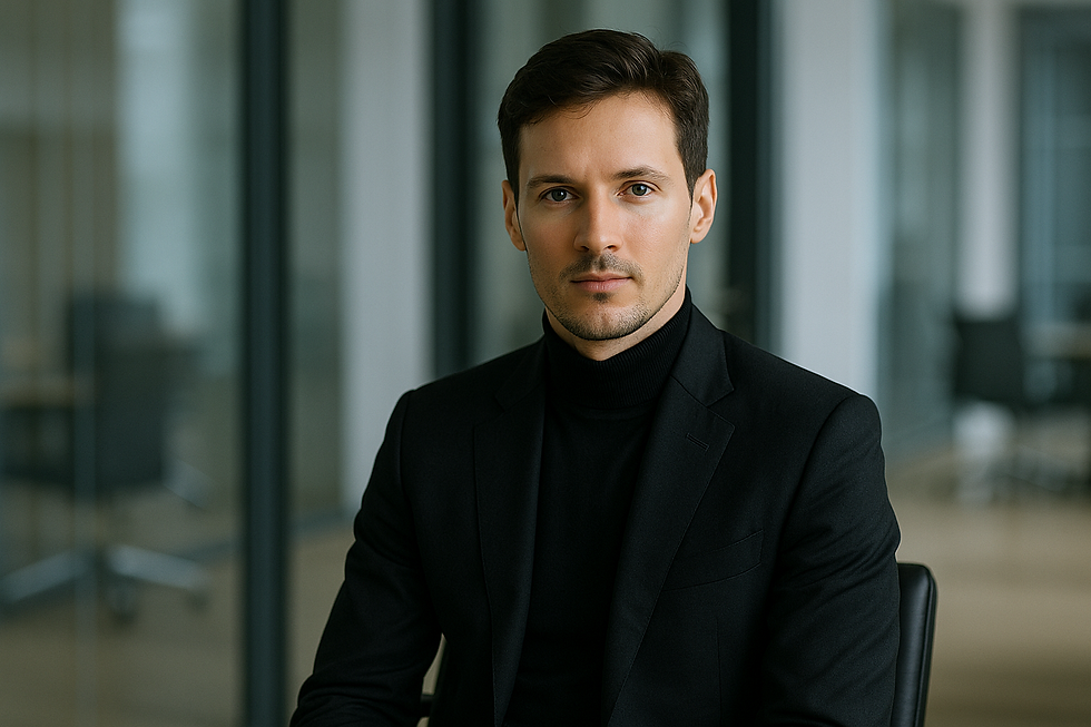 Professional portrait of a confident young businessman in a black suit and turtleneck, seated in a modern Honolulu office setting, representing thoughtful estate planning.