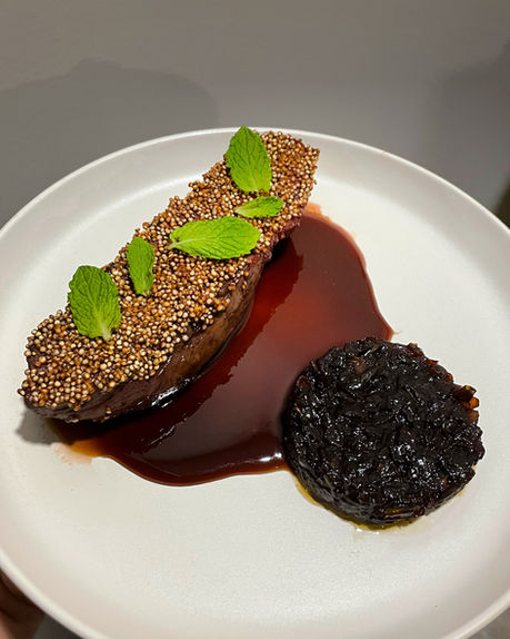 Maple lacquered duck, puffed quinoa , onion chutney, demi glace  