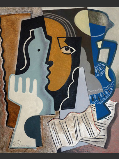 A cubist painting of a woman with a letter on table.