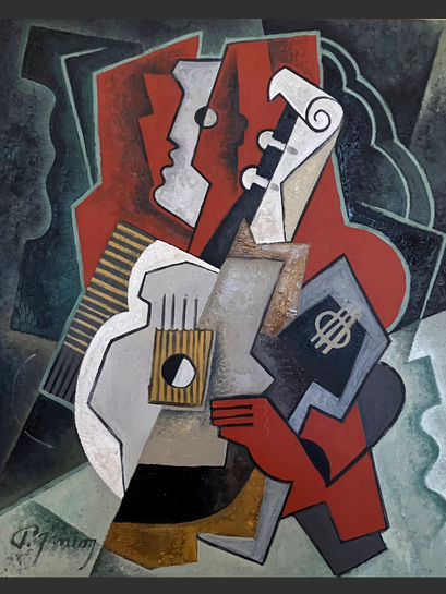 A cubist painting of a man with a cello.