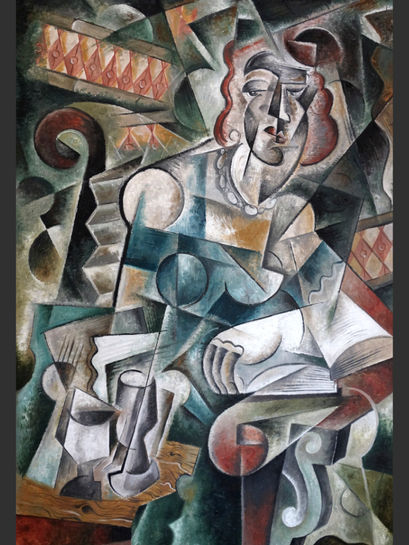 A cubist painting of a librarian with a book and glass of wine.