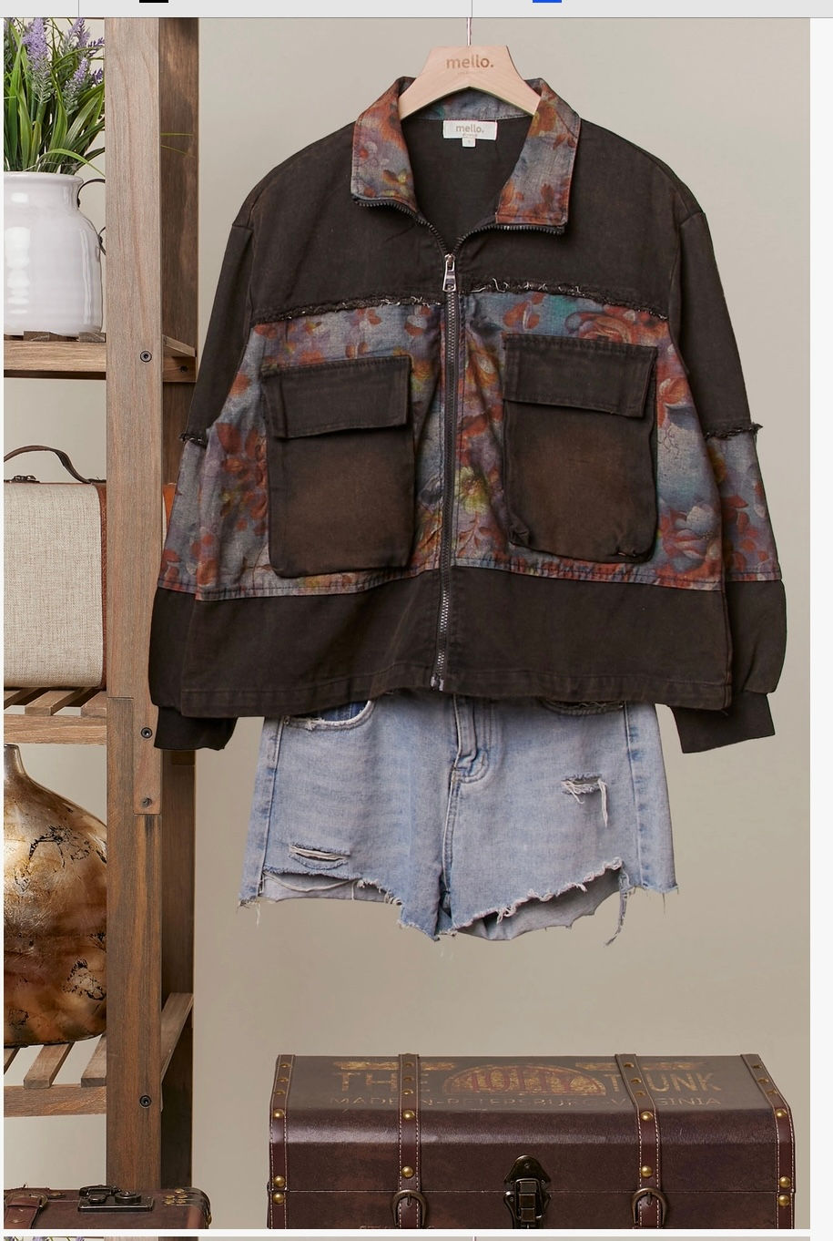 Denim Cargo Jacket with Floral Panels