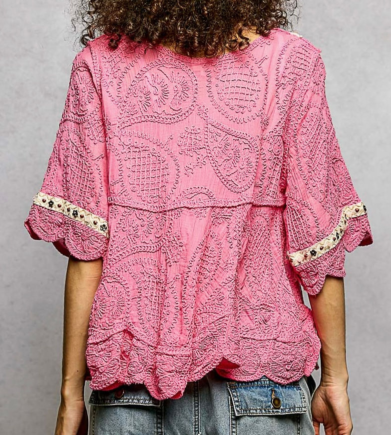Thumbnail: 3/4 Sleeve V-Neck Crochet w/drawstring