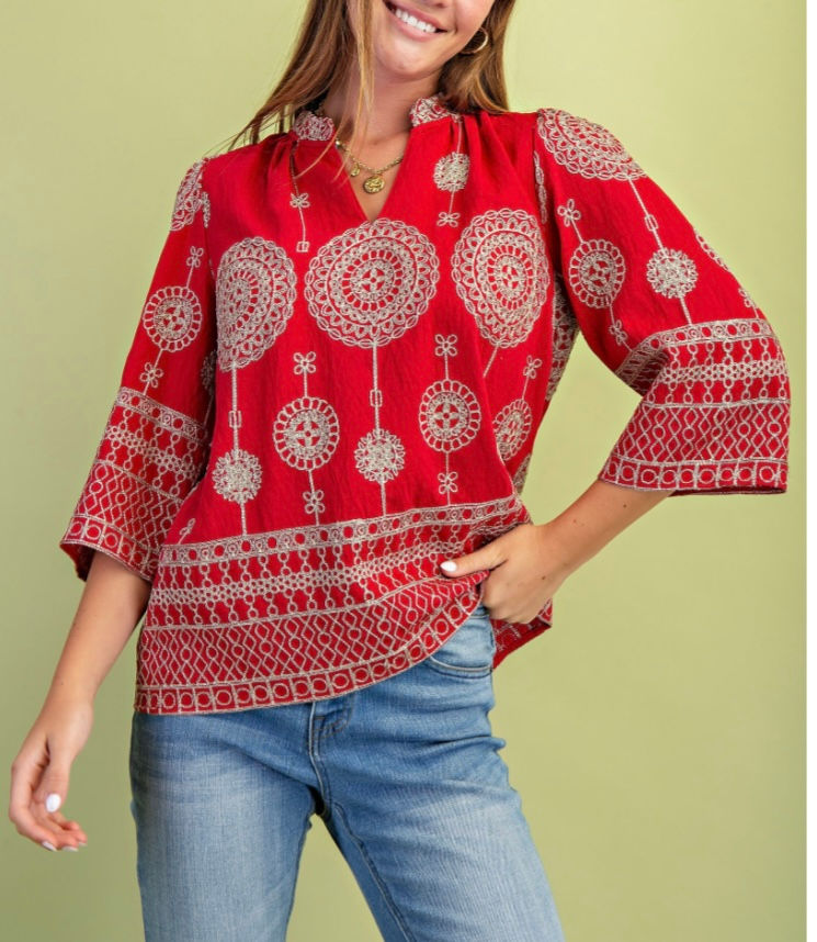 Embroidered V-neck Blouse