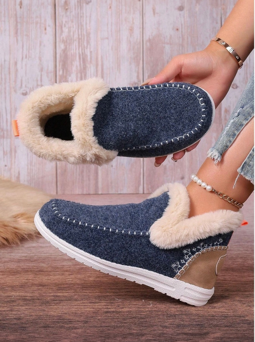Thumbnail: Patchwork Plush Lined Anklet Boots - Blue