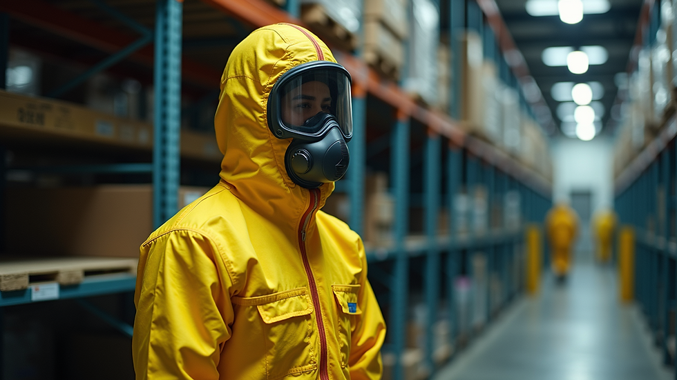 Close-up of a hazardous materials suit hanging in a storage area