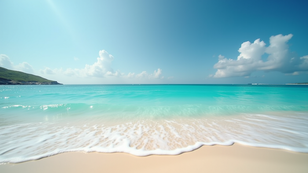 Eye-level view of a tranquil beach with turquoise waters