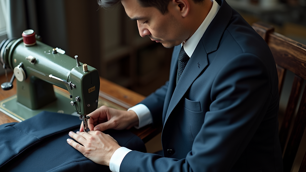High angle view of a tailor sewing a suit jacket in Bangkok