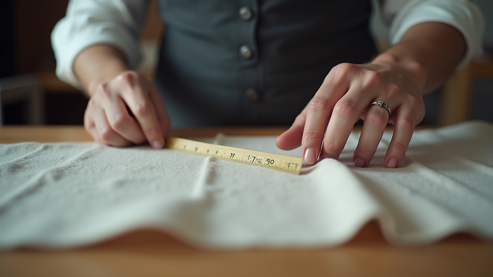 Close-up view of a tailor measuring fabric on a wooden table