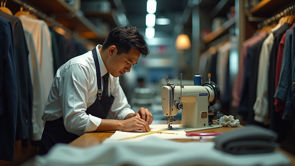Eye-level view of a tailor measuring fabric in a Bangkok shop