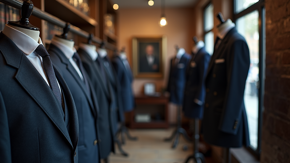 High angle view of a tailor shop interior with suits on display