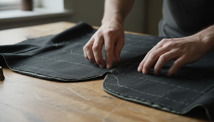 Close-up view of fingers testing the lower front panel of an unfinished jacket