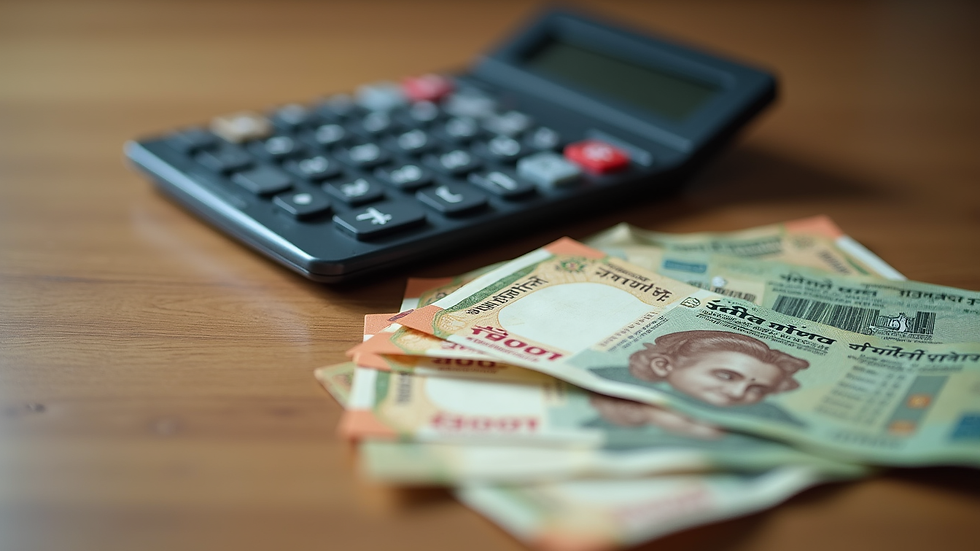 Close-up view of a calculator and Indian currency notes on a wooden table
