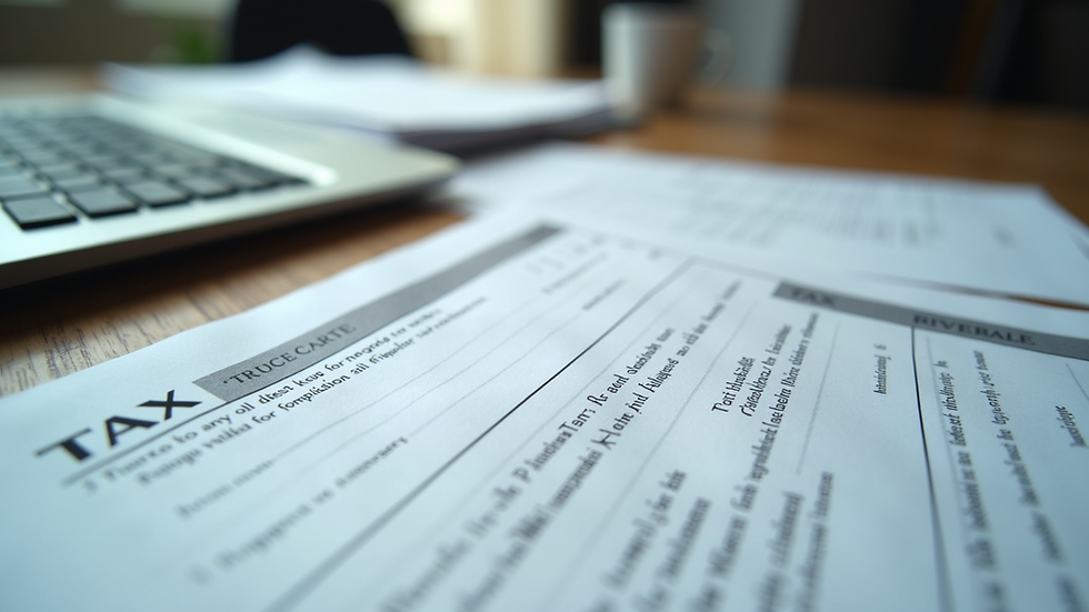Close-up view of tax forms laid out on a table