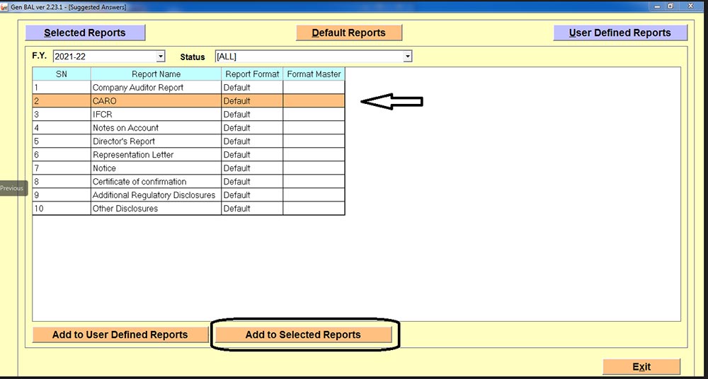 Gen Bal Software Add to Selected Reports