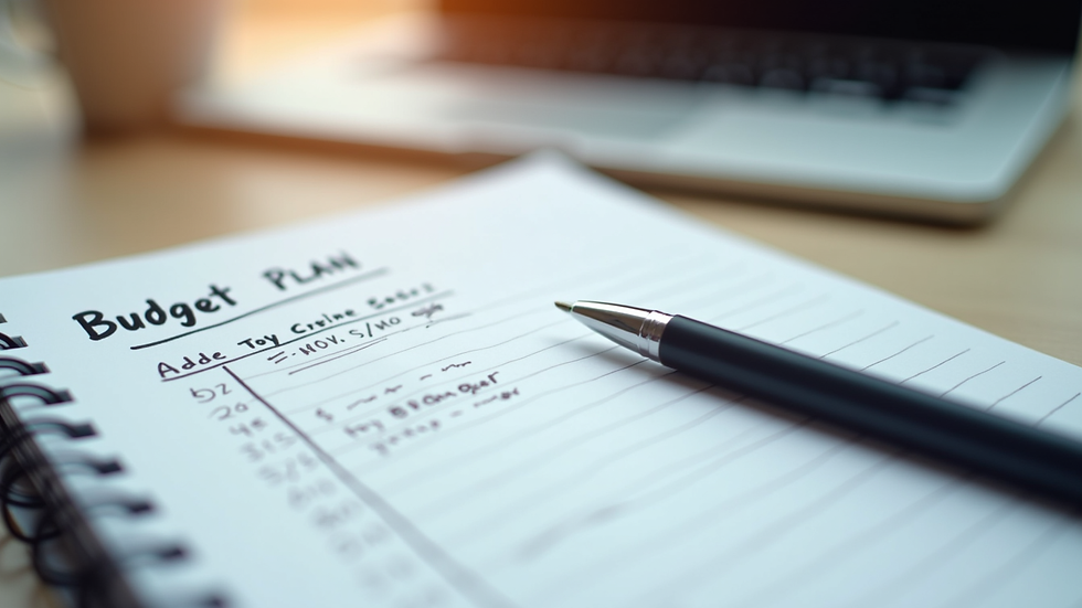 Close-up view of a notebook with a handwritten budget plan and pen