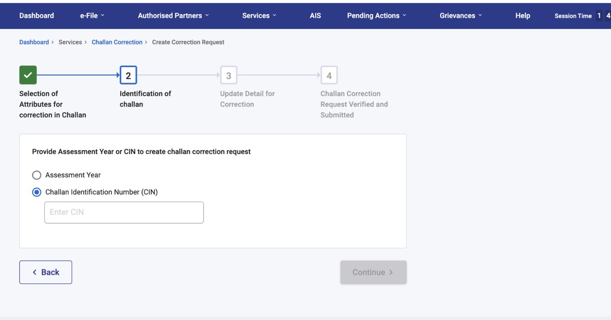 CIN Assessment Year for Challan Create