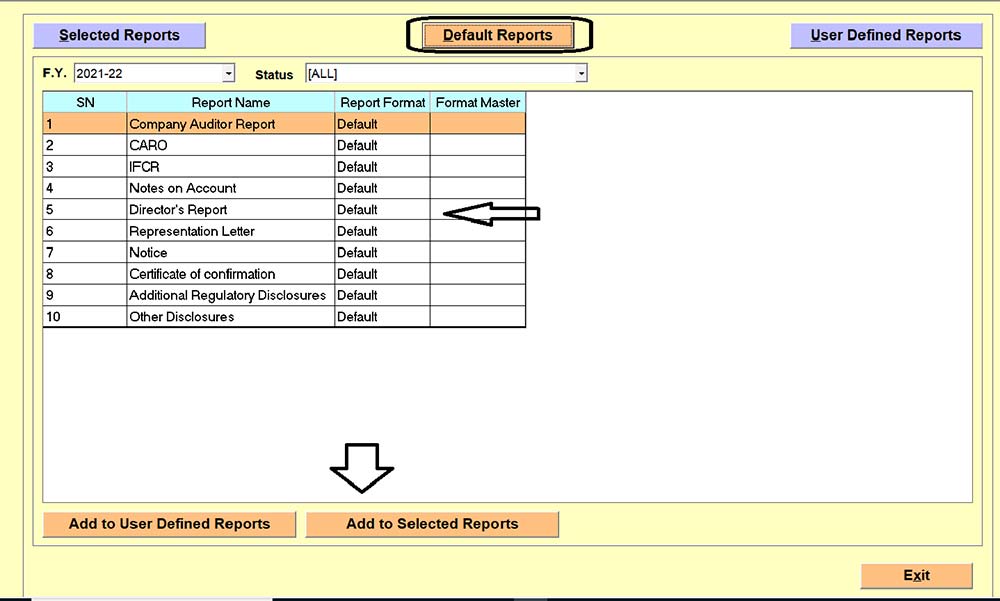 Gen Bal Software Select Default Report