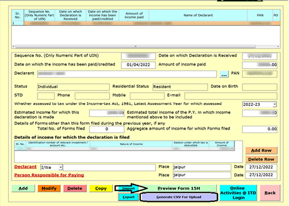Gen TDS Generate CSV to Upload Form 15H