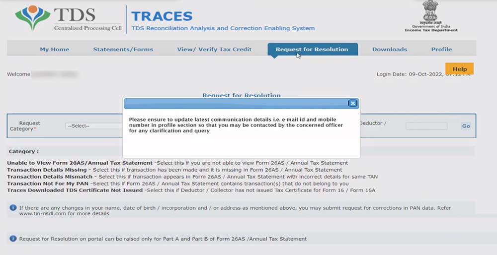 Request for Resolution Tab Necessary Details