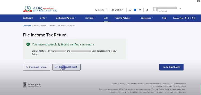 Successfully Filed ITR Return