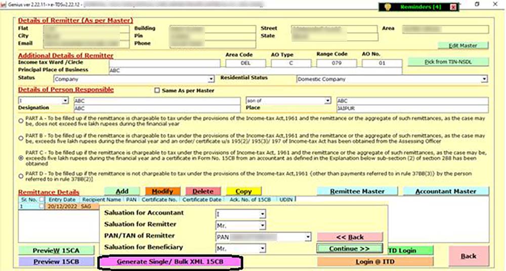 Generate Single or Bulk XML 15CB