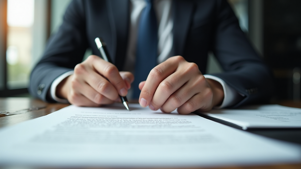 Close-up view of a business contract being signed on a desk