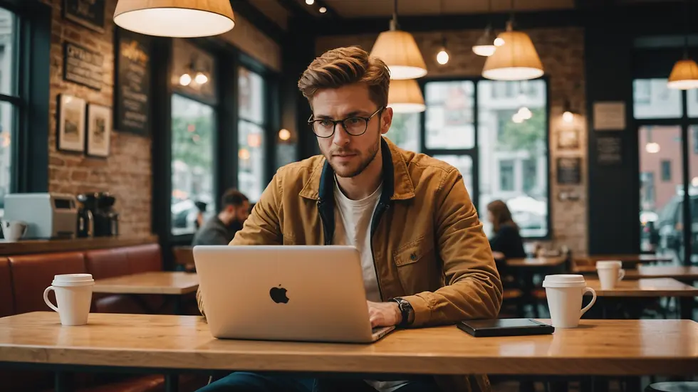 Eye-level view of an individual working at a laptop in a coffee shop