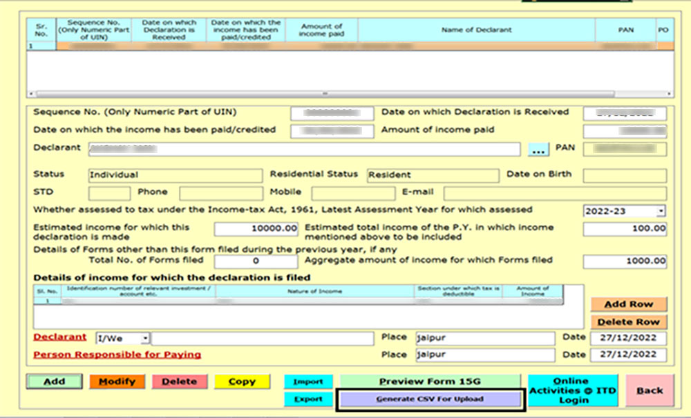 Gen TDS Generate CSV to Upload Form 15G