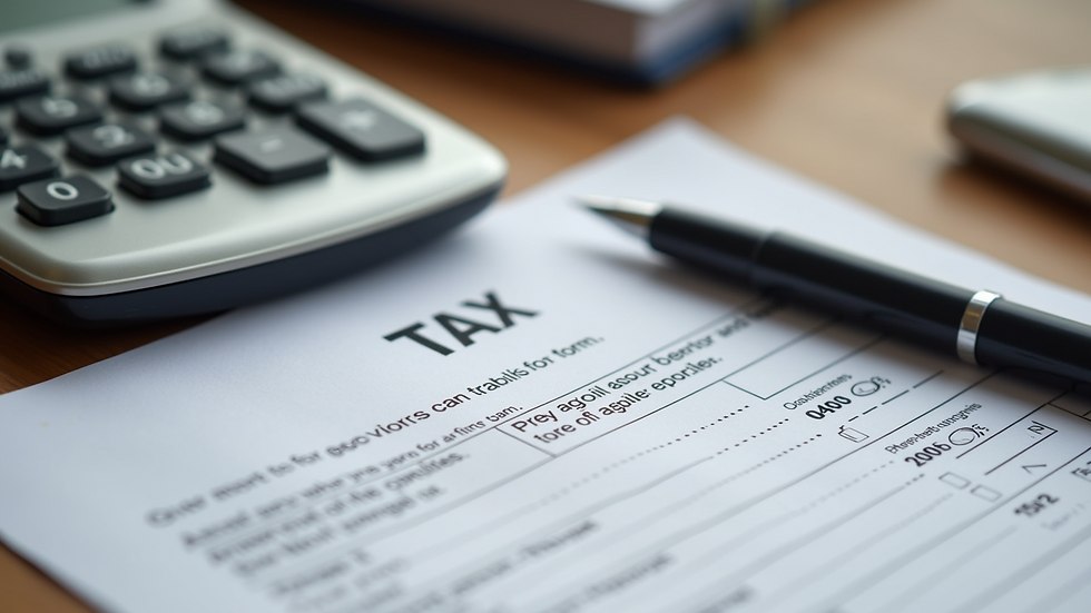 Close-up view of a tax form with a calculator and pen on a wooden desk