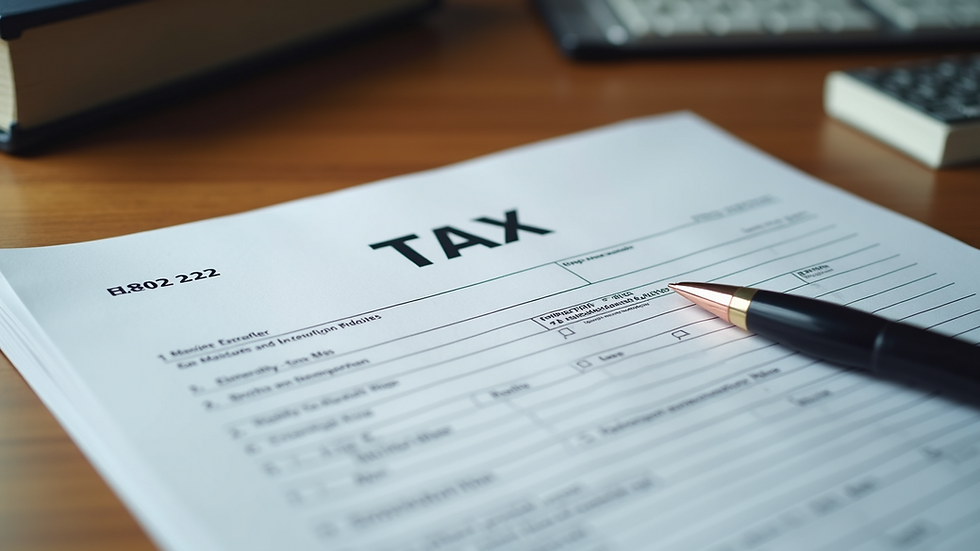 Eye-level view of a tax document on a wooden desk
