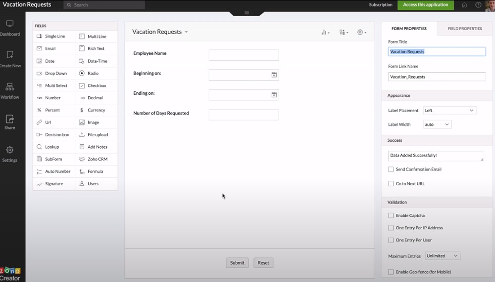 Zoho Creator Low-code Platform Interface