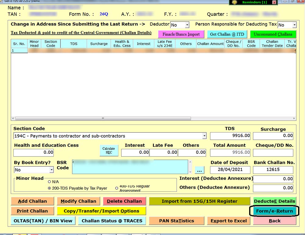 Gen TDS Software Form/e-Return tab