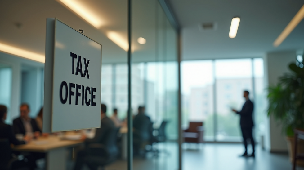 Eye-level view of a modern office with a tax office sign